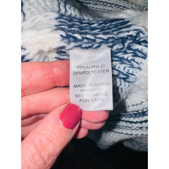 Linda Anderson Striped Cowl Neck Blue White Poncho Fringe One Size Sweater boho - Picture 9 of 10